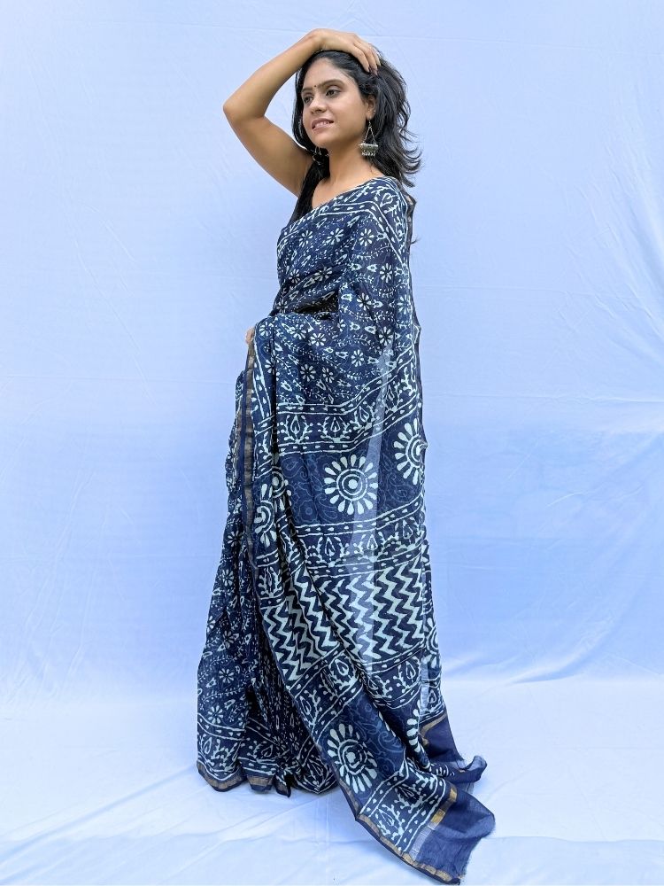 Azure Bloom – Blue Chanderi Silk Cotton Saree with Floral Block Print